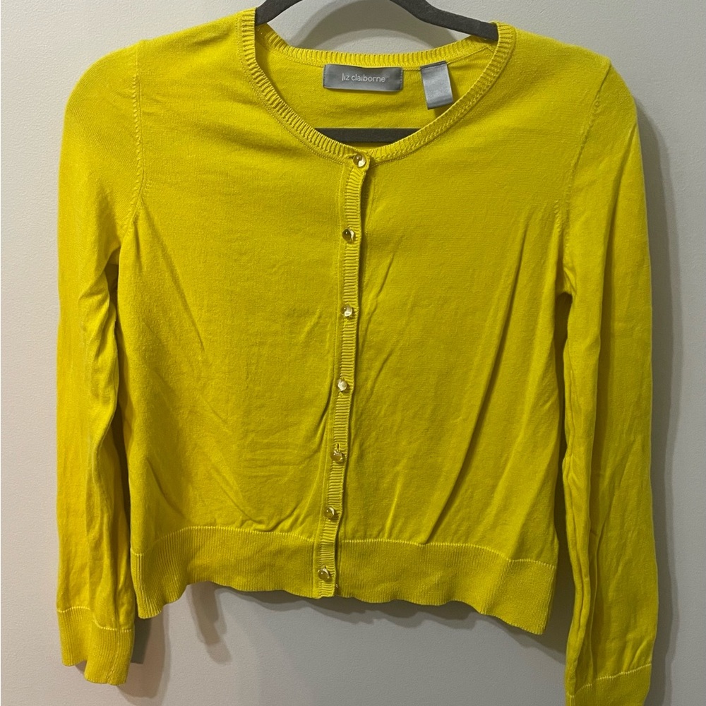 Canary Yellow statement sweater withclear ball buttons.